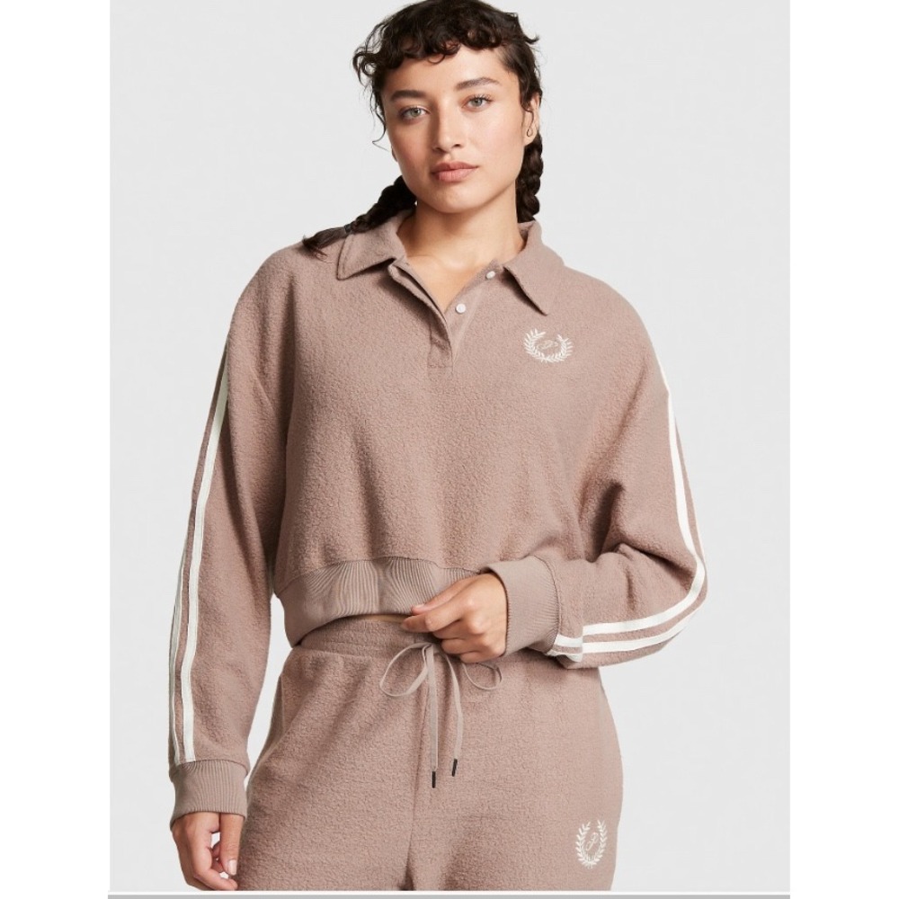 PINK Victoria's Secret Taupe Fleece Cropped Polo Pullover Sweatshirt Medium
